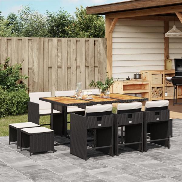 ARDEBO.de - 11-tlg. Garten-Essgruppe mit Kissen Schwarz Poly Rattan