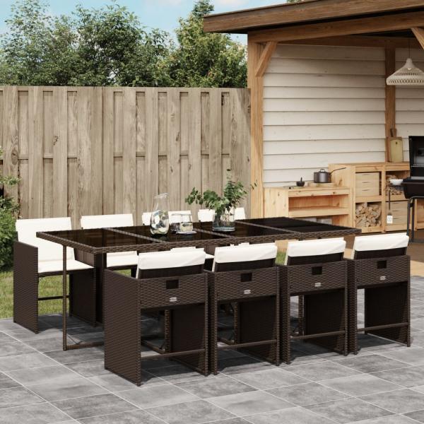 ARDEBO.de - 9-tlg. Garten-Essgruppe mit Kissen Braun Poly Rattan