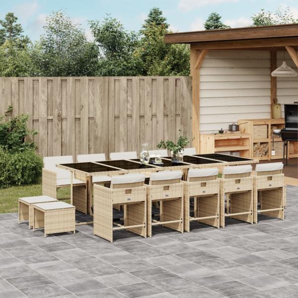 ARDEBO.de - 15-tlg. Garten-Essgruppe mit Kissen Beige Poly Rattan