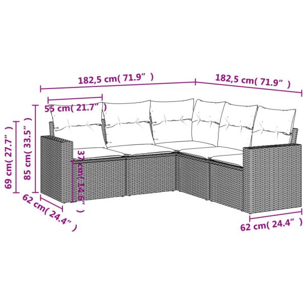 5-tlg. Garten-Sofagarnitur mit Kissen Hellgrau Poly Rattan