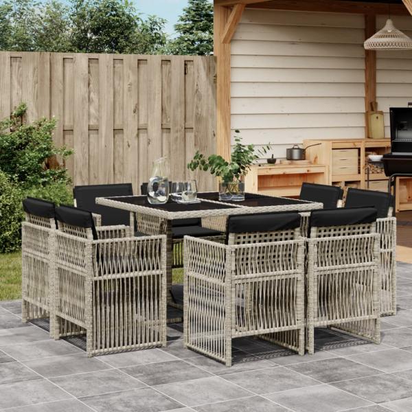 ARDEBO.de - 9-tlg. Garten-Essgruppe mit Kissen Hellgrau Poly Rattan