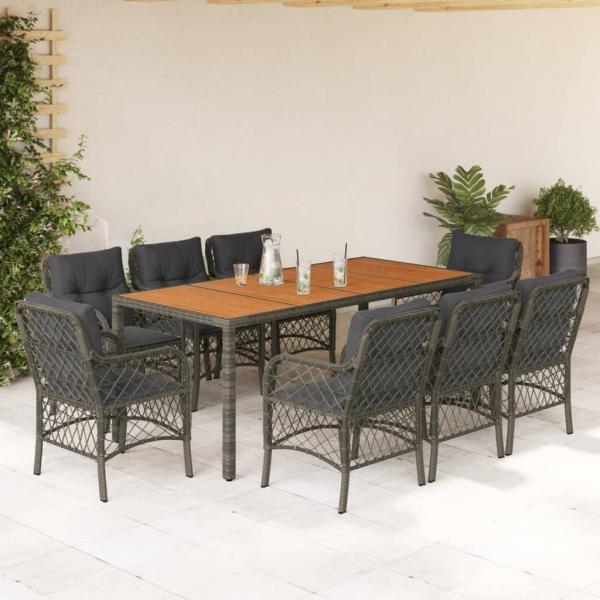 ARDEBO.de - 9-tlg. Garten-Essgruppe mit Kissen Grau Poly Rattan