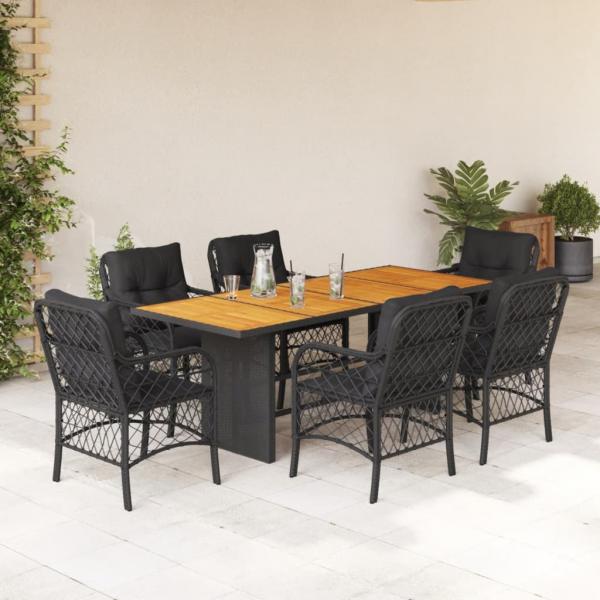 ARDEBO.de - 7-tlg. Garten-Essgruppe mit Kissen Schwarz Poly Rattan