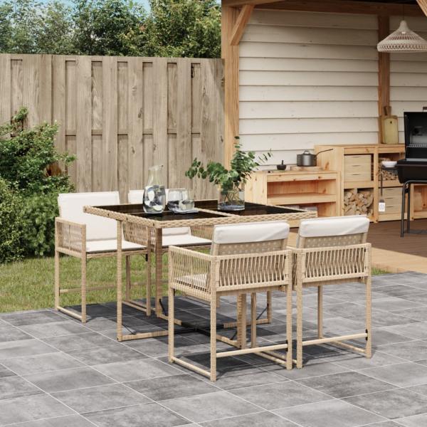 ARDEBO.de - 5-tlg. Garten-Essgruppe mit Kissen Beige Poly Rattan