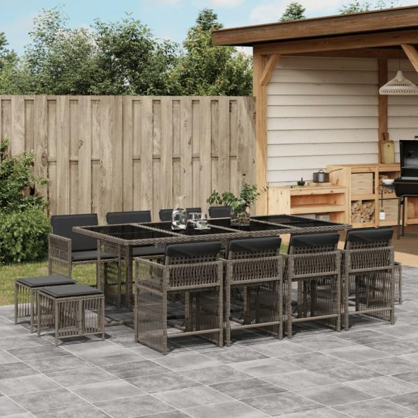 ARDEBO.de - 13-tlg. Garten-Essgruppe mit Kissen Grau Poly Rattan