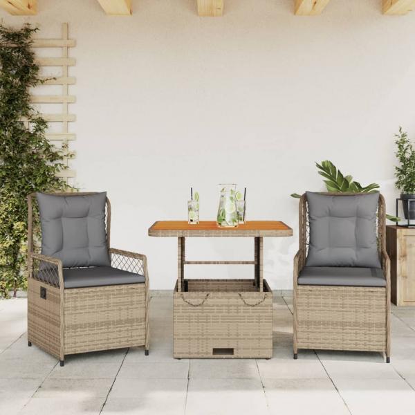 ARDEBO.de - 3-tlg. Garten-Essgruppe mit Kissen Beige Poly Rattan