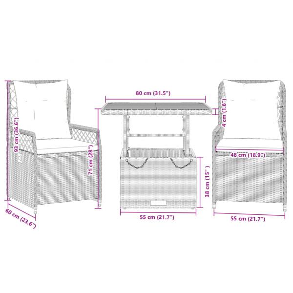 3-tlg. Garten-Essgruppe mit Kissen Beige Poly Rattan