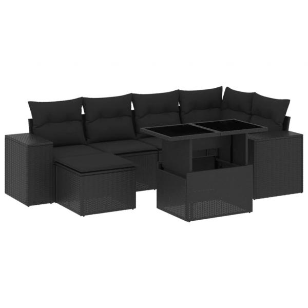 7-tlg. Garten-Sofagarnitur mit Kissen Schwarz Poly Rattan