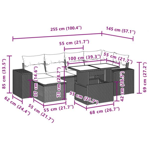 7-tlg. Garten-Sofagarnitur mit Kissen Schwarz Poly Rattan