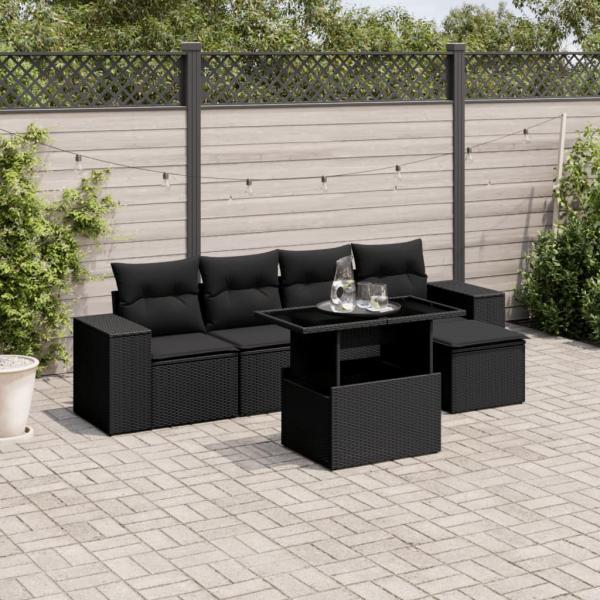 ARDEBO.de - 6-tlg. Garten-Sofagarnitur mit Kissen Schwarz Poly Rattan