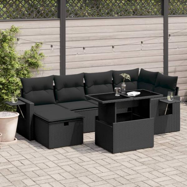 ARDEBO.de - 7-tlg. Garten-Sofagarnitur mit Kissen Schwarz Poly Rattan