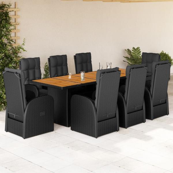 ARDEBO.de - 9-tlg. Garten-Essgruppe mit Kissen Schwarz Poly Rattan