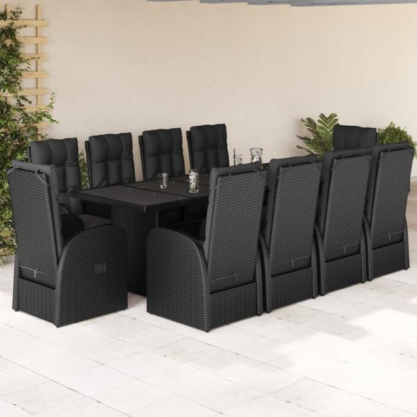 ARDEBO.de - 11-tlg. Garten-Essgruppe mit Kissen Schwarz Poly Rattan