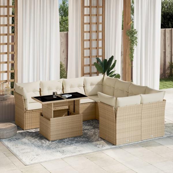 ARDEBO.de - 9-tlg. Garten-Sofagarnitur mit Kissen Beige Poly Rattan