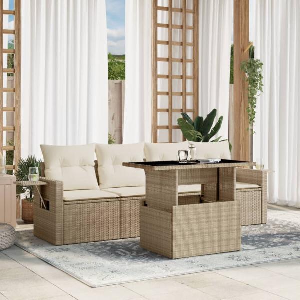 ARDEBO.de - 5-tlg. Garten-Sofagarnitur mit Kissen Beige Poly Rattan