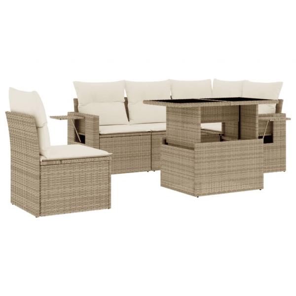 6-tlg. Garten-Sofagarnitur mit Kissen Beige Poly Rattan