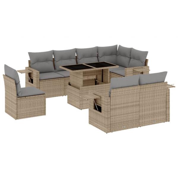 9-tlg. Garten-Sofagarnitur mit Kissen Beige Poly Rattan