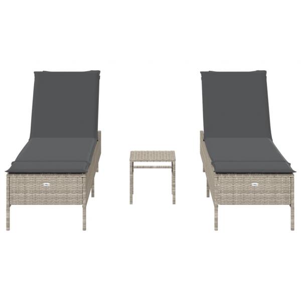 3-tlg. Sonnenliegen-Set mit Auflage Hellgrau Poly Rattan