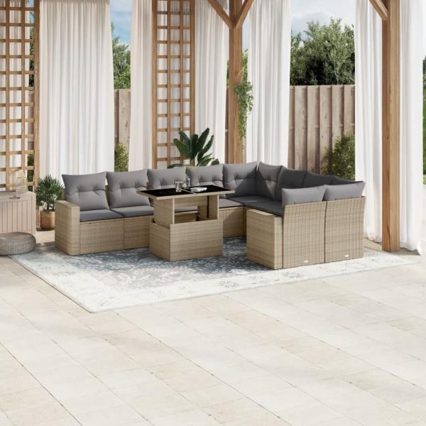 ARDEBO.de - 10-tlg. Garten-Sofagarnitur mit Kissen Beige Poly Rattan