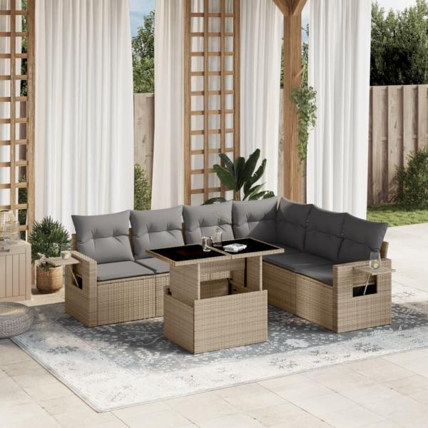 ARDEBO.de - 7-tlg. Garten-Sofagarnitur mit Kissen Beige Poly Rattan