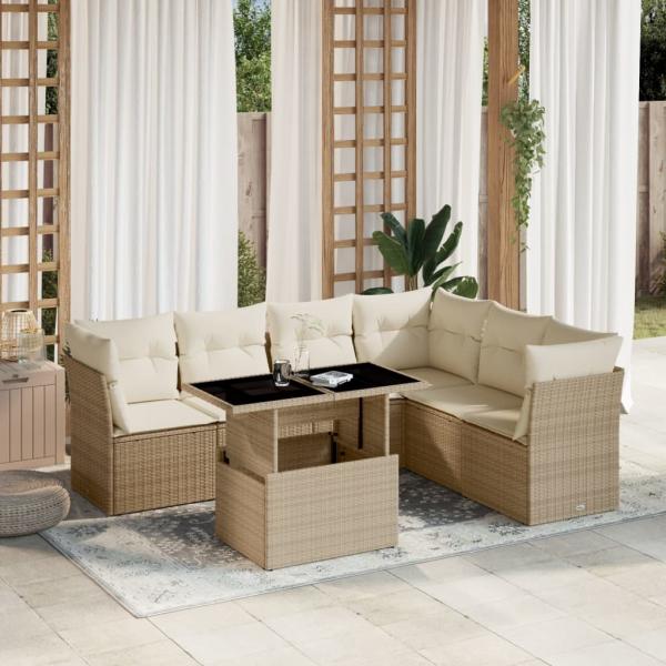 ARDEBO.de - 7-tlg. Garten-Sofagarnitur mit Kissen Beige Poly Rattan