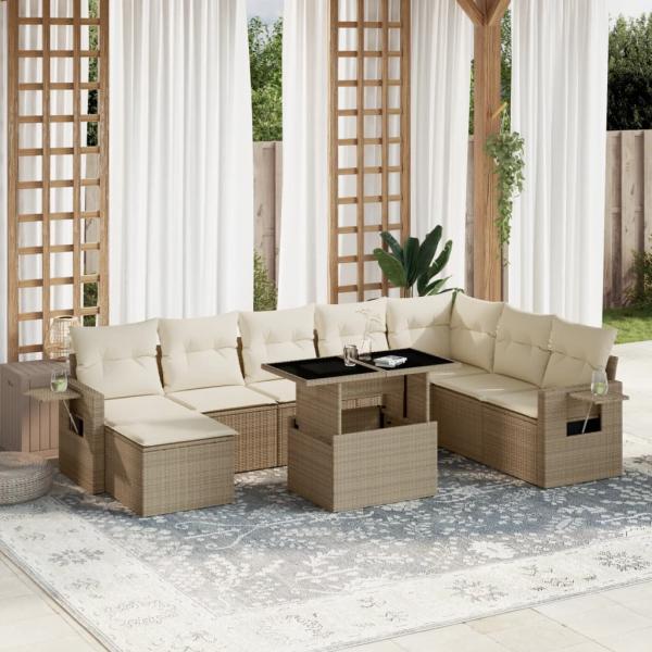 ARDEBO.de - 9-tlg. Garten-Sofagarnitur mit Kissen Beige Poly Rattan