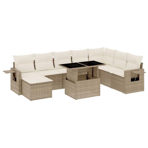 9-tlg. Garten-Sofagarnitur mit Kissen Beige Poly Rattan