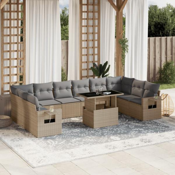 ARDEBO.de - 11-tlg. Garten-Sofagarnitur mit Kissen Beige Poly Rattan