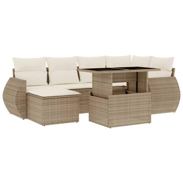 7-tlg. Garten-Sofagarnitur mit Kissen Beige Poly Rattan