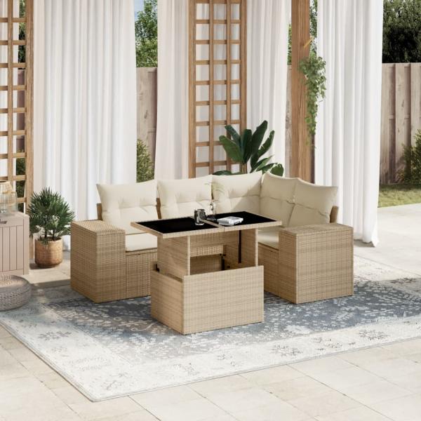 ARDEBO.de - 5-tlg. Garten-Sofagarnitur mit Kissen Beige Poly Rattan