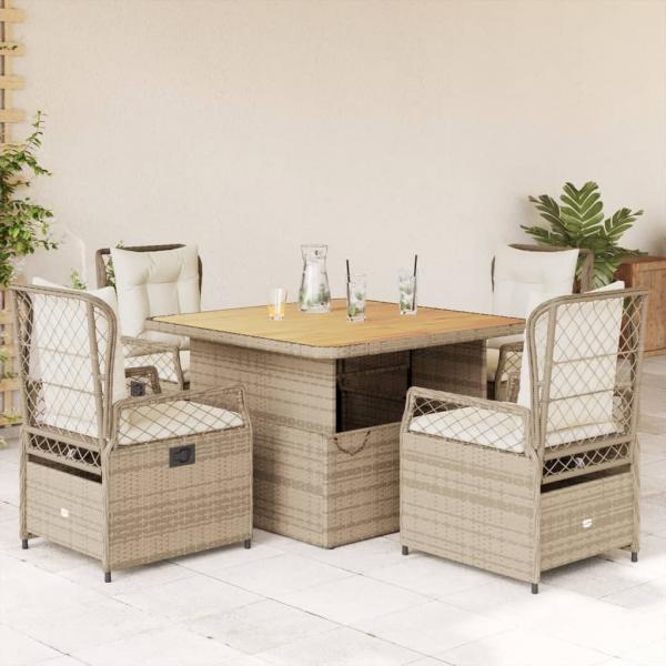 ARDEBO.de - 5-tlg. Garten-Essgruppe mit Kissen Beige Poly Rattan