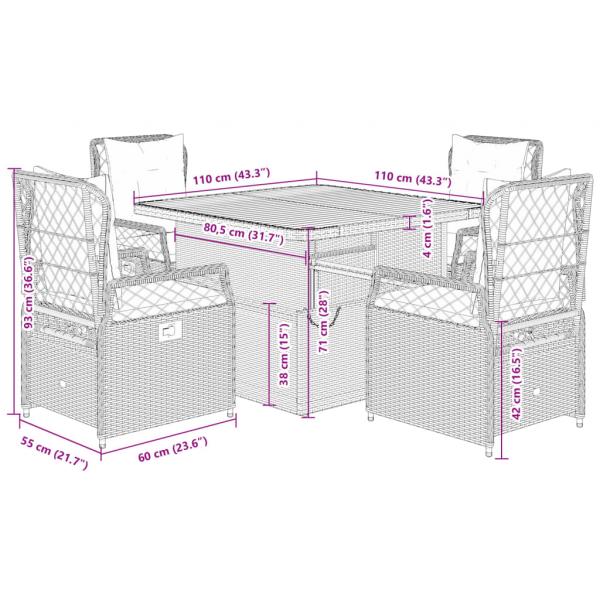 5-tlg. Garten-Essgruppe mit Kissen Beige Poly Rattan