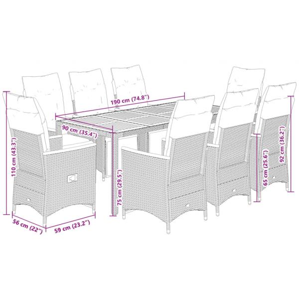 9-tlg. Garten-Bistro-Set mit Kissen Schwarz Poly Rattan