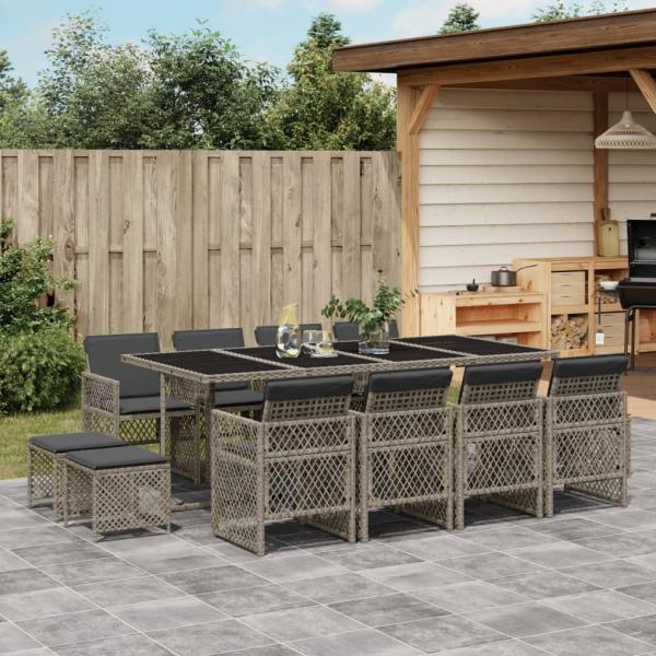 ARDEBO.de - 13-tlg. Garten-Essgruppe mit Kissen Grau Poly Rattan