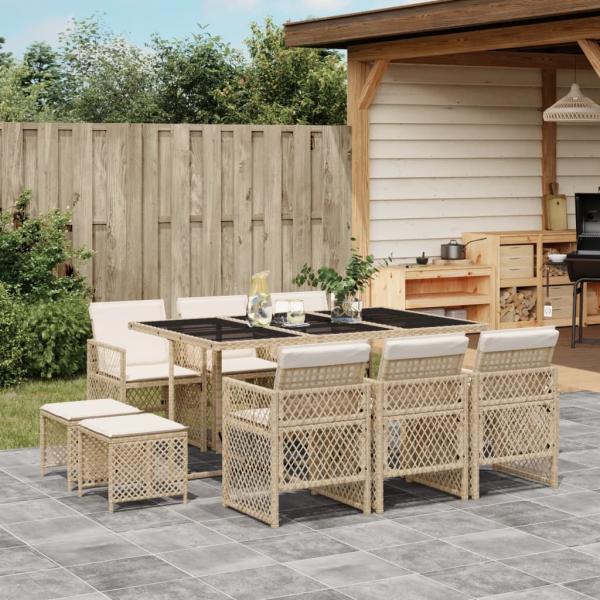 ARDEBO.de - 11-tlg. Garten-Essgruppe mit Kissen Beige Poly Rattan