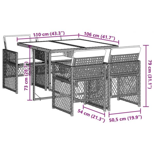 5-tlg. Garten-Essgruppe mit Kissen Hellgrau Poly Rattan