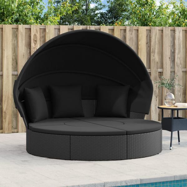 ARDEBO.de - Outdoor-Loungebett mit Dach und Kissen Schwarz Poly Rattan