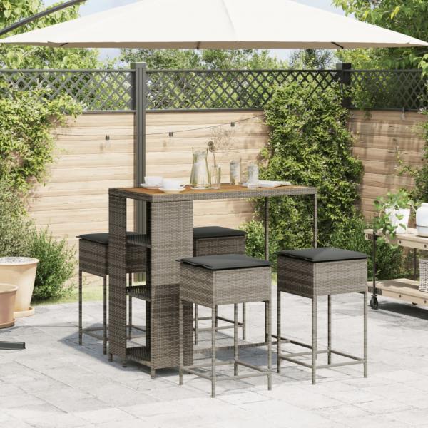 5-tlg. Gartenbar-Set mit Kissen Grau Poly Rattan