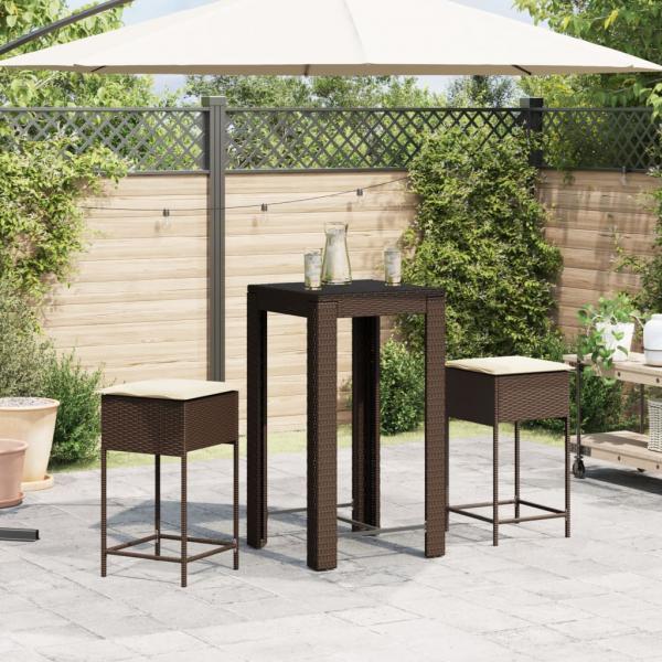 3-tlg. Gartenbar-Set mit Kissen Braun Poly Rattan