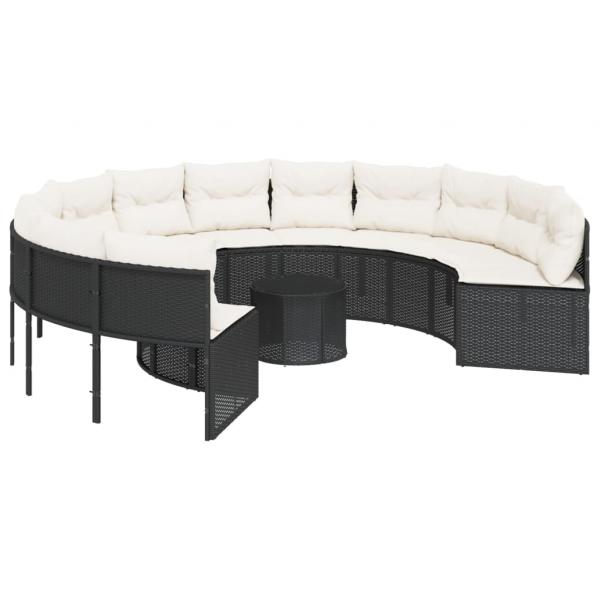 Gartensofa mit Tisch und Kissen Rund Schwarz Poly-Rattan