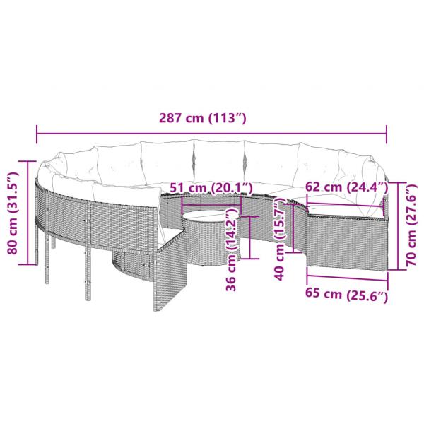 Gartensofa mit Tisch und Kissen Rund Schwarz Poly-Rattan