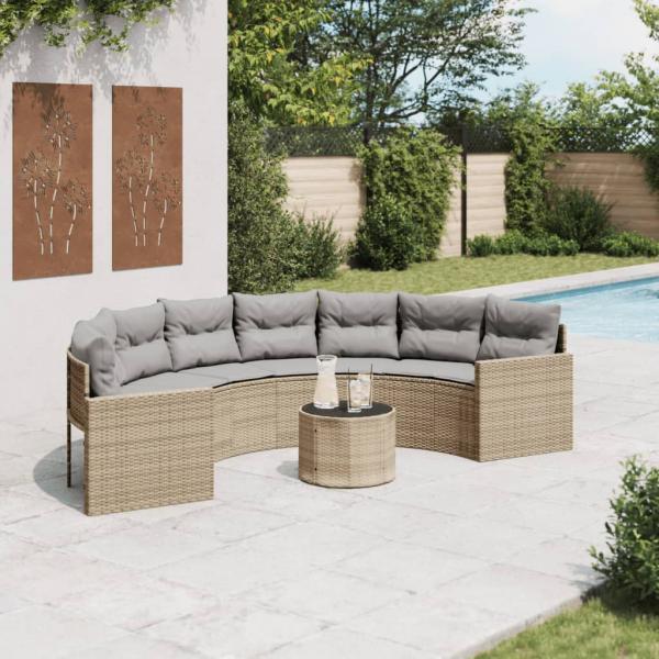 ARDEBO.de - Gartensofa mit Tisch und Kissen Halbrund Beige Poly-Rattan