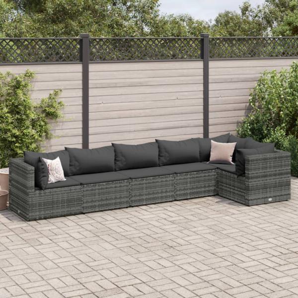 ARDEBO.de - 6-tlg. Garten-Lounge-Set mit Kissen Grau Poly Rattan