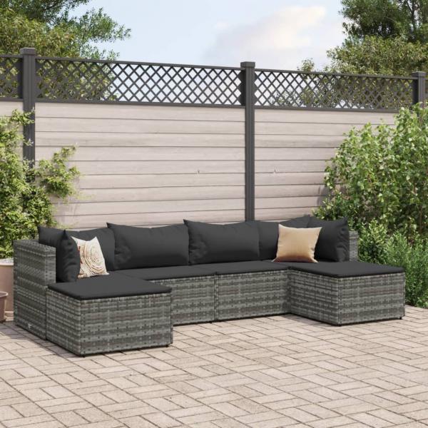 ARDEBO.de - 6-tlg. Garten-Lounge-Set mit Kissen Grau Poly Rattan