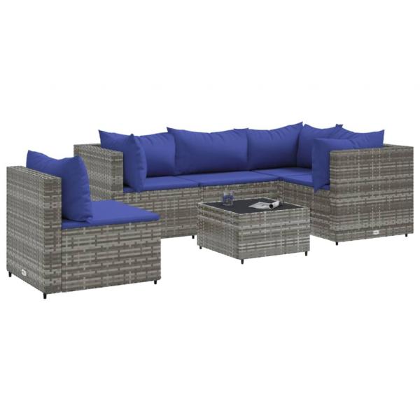 6-tlg. Garten-Lounge-Set mit Kissen Grau Poly Rattan