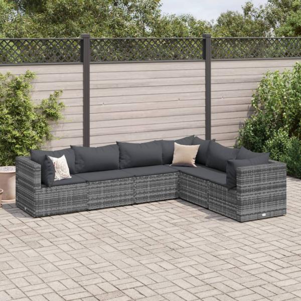 ARDEBO.de - 6-tlg. Garten-Lounge-Set mit Kissen Grau Poly Rattan