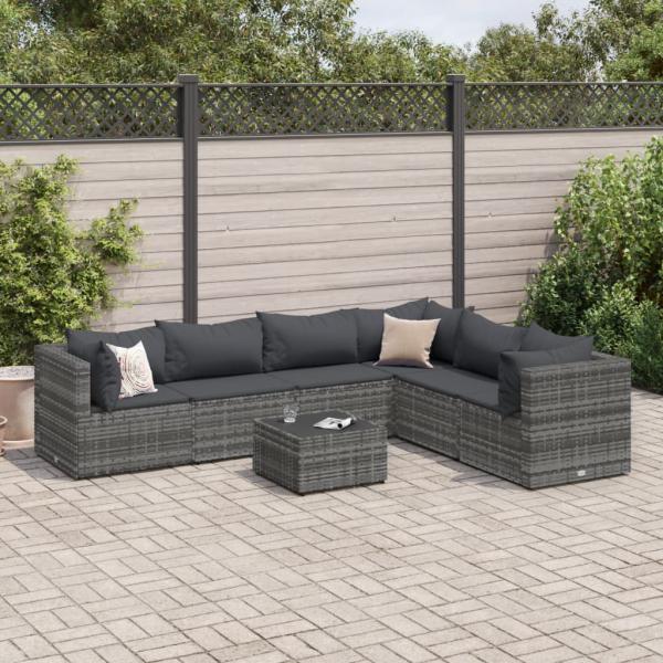 ARDEBO.de - 7-tlg. Garten-Lounge-Set mit Kissen Grau Poly Rattan