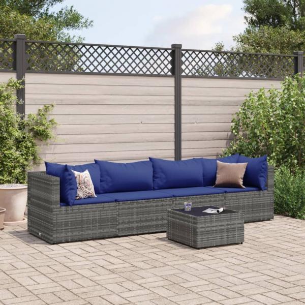 ARDEBO.de - 5-tlg. Garten-Lounge-Set mit Kissen Grau Poly Rattan