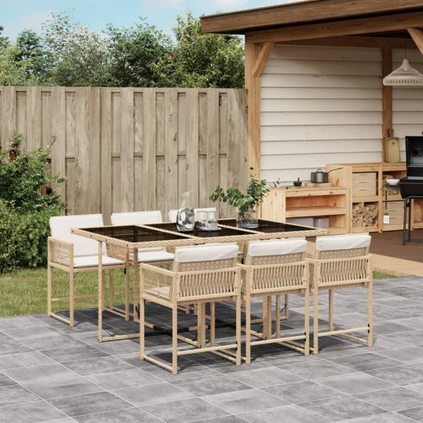 ARDEBO.de - 7-tlg. Garten-Essgruppe mit Kissen Beige Poly Rattan