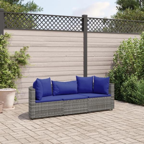 ARDEBO.de - 3-tlg. Garten-Sofagarnitur mit Kissen Grau Poly Rattan